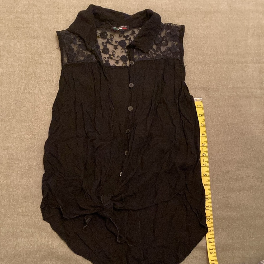 Made in Italy small black with lace sleeveless viscose button down top. Loved!